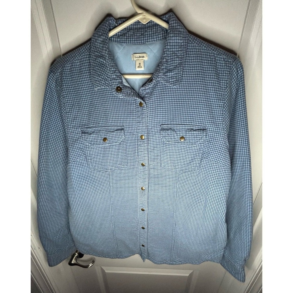Vintage Y2k L.L. Bean Quilted Lined Blue Flannel Button Up Shacket Womens Medium - Picture 2 of 8